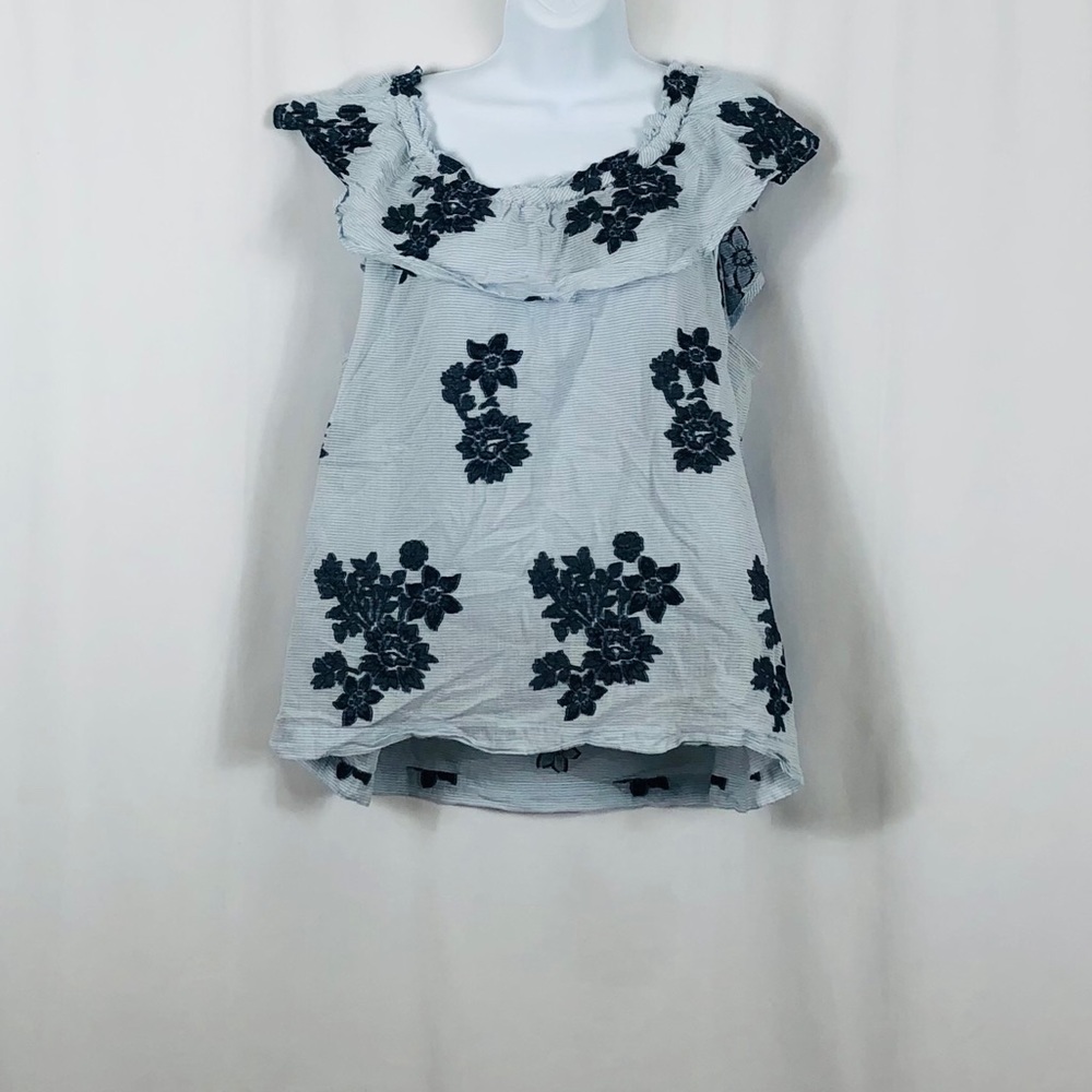 J.Jill Cotton pin stripe with floral pattern ruffle neck sleeveless top LP